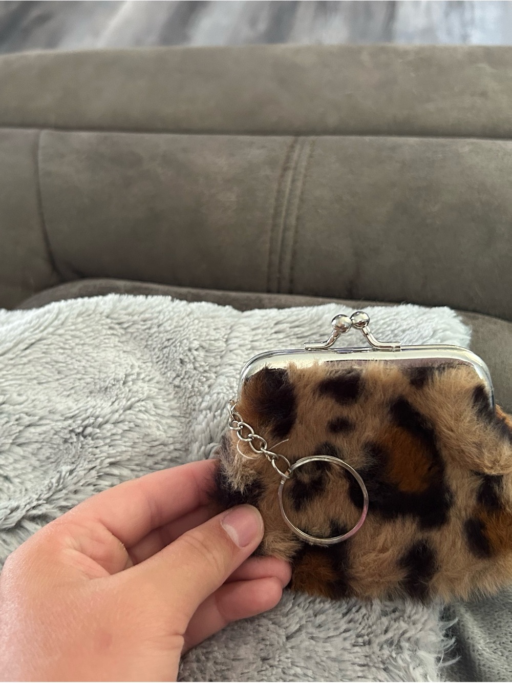 4/$50 Leopard Print Faux Fur Coin Purse Keyring - Brown wallet